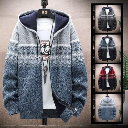 2021 Autumn Korean Hooded Mens Thick Sweaters with Velvet Mens Cardigan Knitted Sweatercoats Patchwork Jacket Male M-3XL 6638