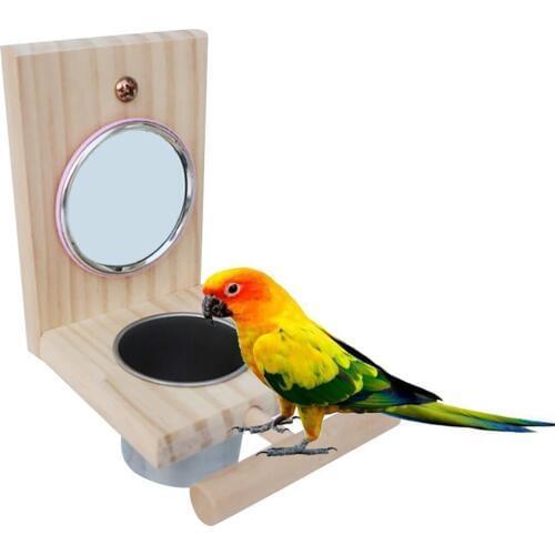 Bird Bowl Hanging Mirror Funny Wooden For Parrots Cockatiel Vogel Speelgoed Small Birds Parrot Cage Pet Food Bowl Accessories