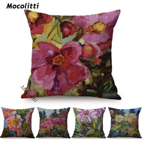 Multicolor Flowers Oil Painting Style Pillow Cases Rose Sunflower Violet Vase Home Decor Living Room Sofa Square Cushions Cover