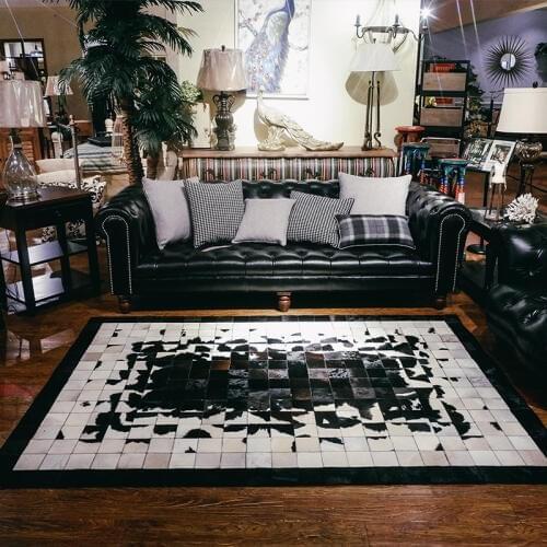 Luxury Cowhide Seamed Square Carpet Black And White Natural Cow Skin Fur Carpet For Living Room Decoration Office Rug