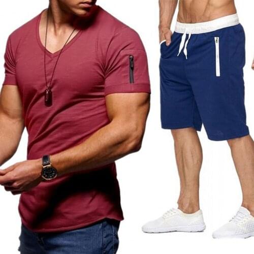 Tracksuit Solid Color V Neck Men Short Sleeve T-shirt Drawstring Shorts for Sports