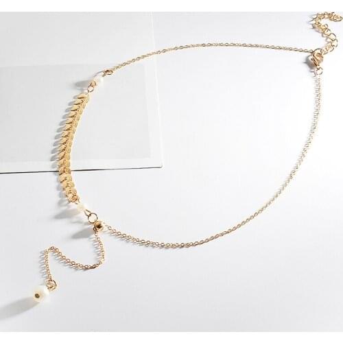 Trendy Simulated Pearl Pendant Necklaces for Women Female Gold Color Fishbone Chains Necklace Flat Chain Minimalist Jewelry