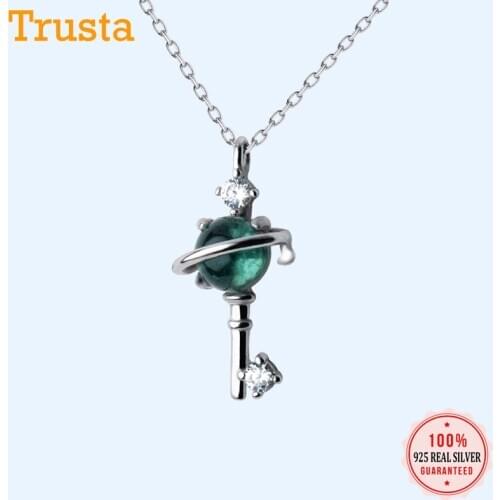 Trusta 100% 925 Solid Real Sterling Silver Key Universe CZ Blue Crystal Pendant 40cm Clavicle Necklace Silver Jewelry DS1165