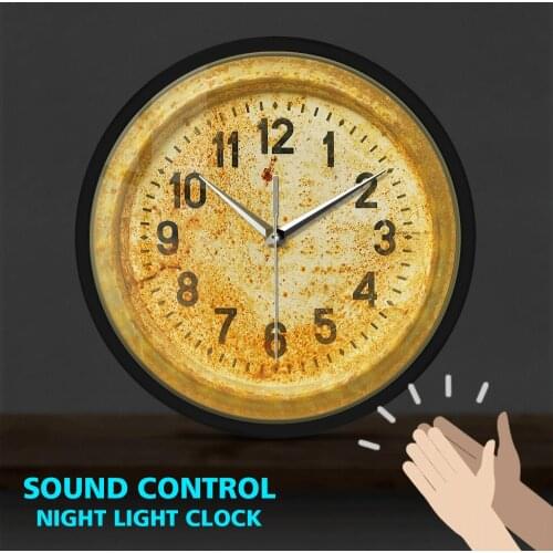 Vintage Rusty Home Decor Metal Frame LED Wall Clock Old School Style Sound Control Wall Watch Primitive Design Hanging Horologe