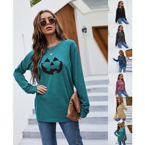 Autumn Halloween Womens Round Neck Personality Printing Casual Loose Womens T-shirt Cute Slim Simple and Comfortable
