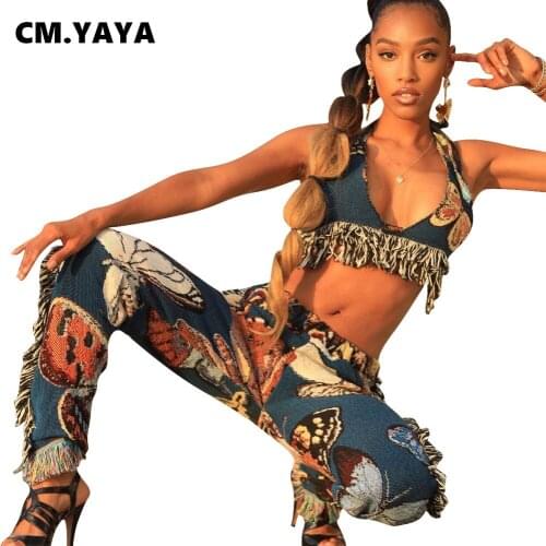 CM.YAYA Women Set Tassel Print Sleeveless Bandage Halter Backless Crop Tops Pencil Pants Two 2 Piece Sets Sexy Outfit Summer