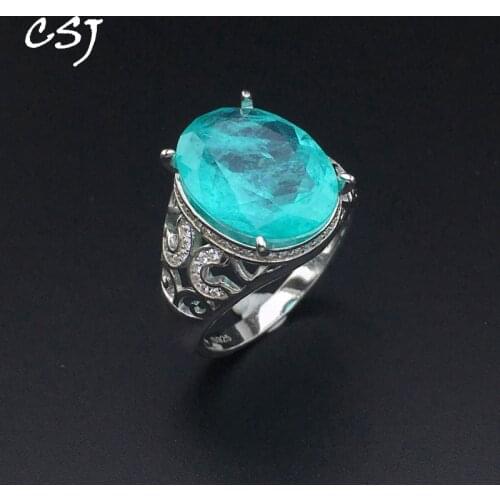 CSJ Paraiba Tourmaline Ring Sterling 925 Silver Created Gemstone Women Lady Wedding Engagment Party Gift Box