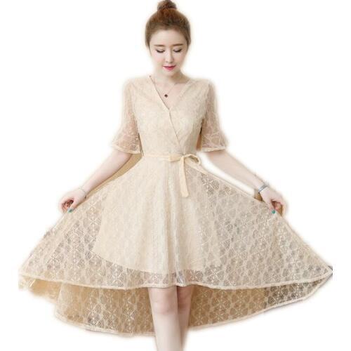 Sweet Lace Women Summer 2019 New Fashion Dress Mini Empire Hollow Out V-Neck England Style Dress Female Asymmetrical Dress Q307