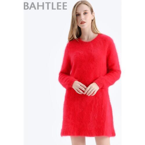 BAHTLEE Women Angora A Line Dress Above Knee Length Autumn Winter Wool Knitted Jumper Long Sleeves O-Neck Sexy