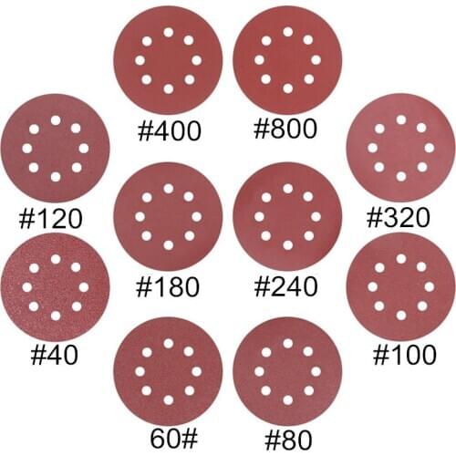10pcs 5Inch 125mm Round Sandpaper Eight Hole Disk Sand Sheets Grit 40-2000 Hook and Loop Sanding Disc Polish