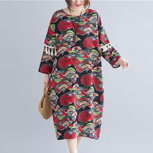 2021 Long Sleeve Spring Dress Tassel Cotton Linen Print Floral Vintage Dress Plus Size 5XL Women Casual Midi Dress Female Dress