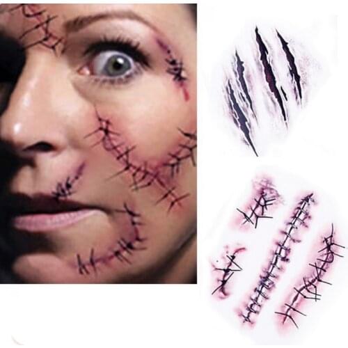 3Pcs/set Waterproof Tattoo Sticker Halloween Zombie Scar Tattoos Fake Scars Bloody Costume Makeup Halloween Decoration