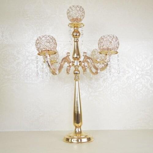 75cm Tall 5-arms Gold candelabras,wedding crystal candle holder table centerpiece