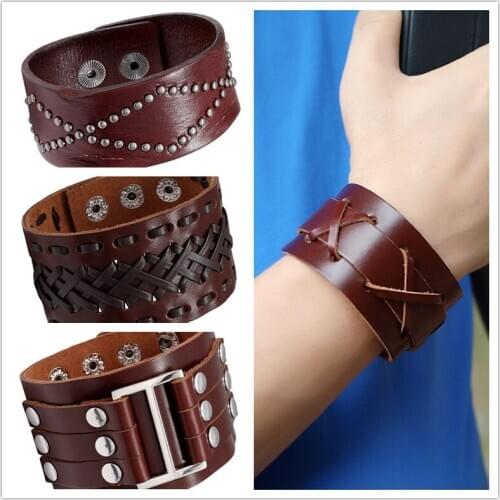 Bracelets for Men Genuine Braided Punk Rock Stainless Steel Fashion Mens Leather Bracelet Classic Male Jewelry Gifts wholesale