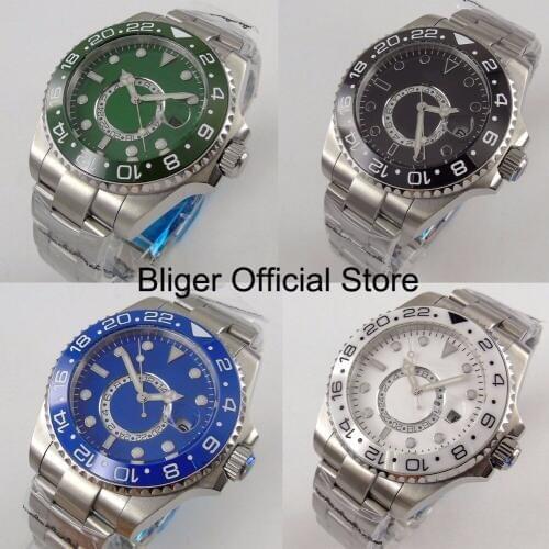 Pure Color Sapphire Crystal BLIGER 43MM Automatic Mens Watch Sterile Dial Auto Date GMT Indicator