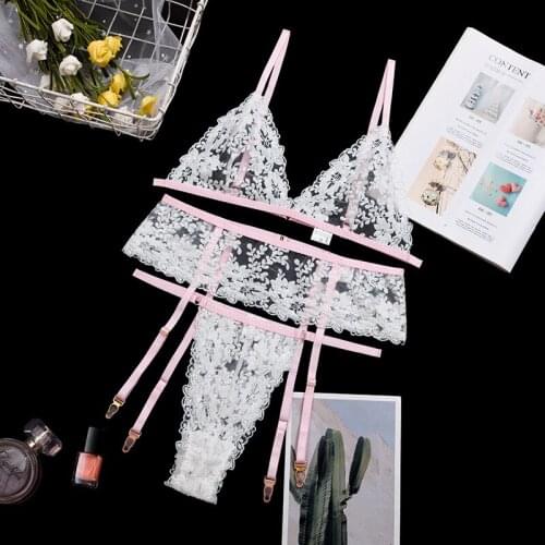 Sensual Lingerie Sexy Erotic Lingerie Womens Underwear Set Women 3 Pieces Set Lace Mesh Perspective V-neck Underwear Garters