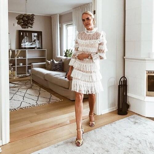 Designer Chic Spiced Honey Lace Mesh Tiered Frill Mini Dress Romantic All-over Ruffle Semi-Sheer Layered Princess Occasion Dress