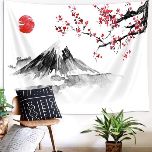 Anime Mount Fuji Sun Tapestry Wall Hanging for Bedroom Art Cherry Blossom Decorations Tapestry Beach Blanket Decoration Mural