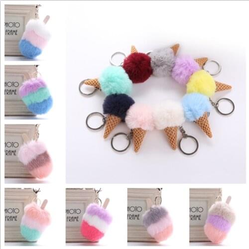 Colorful Ice Cream Fur Pompom Key Chains Fluffy Faux Rabbit Fur Pompoms Keyring Keychain Women Fashion Car Bag Pendant Gifts