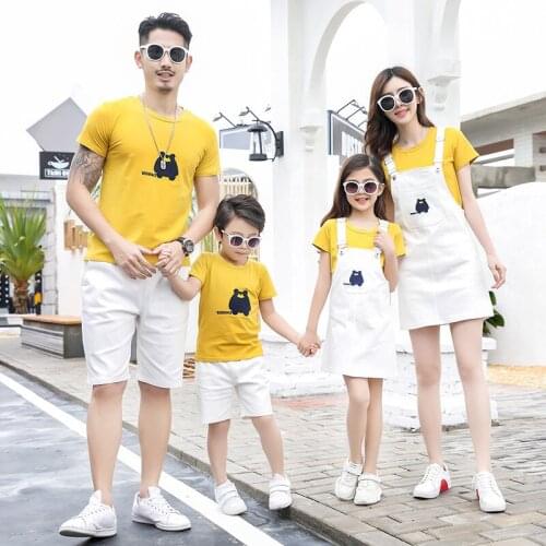 Summer Family Matching Outfits Mom Daughter Girls T-Shirt+Strap Skirt Father Boys T-Shirt+Shorts 2PCS Suit family look Clothes