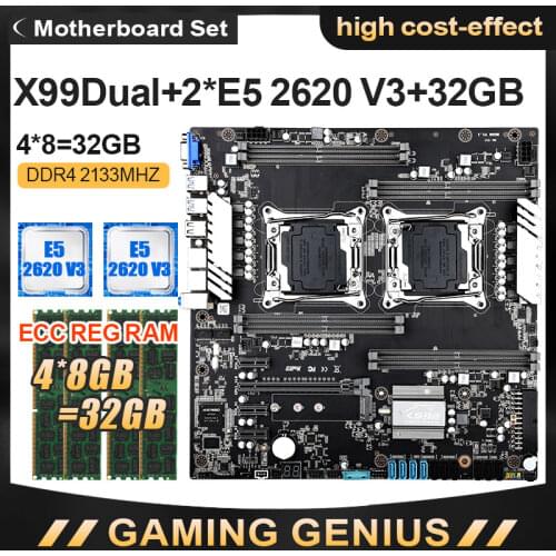 JINGSHA X99 Dual CPU Motherboard Set With E5-2620V3 CPU And DDR4 4*8GB=32GB ECC REG 2133MHZ Support PCIE 3.0 USB 3.0 SATA 3.0