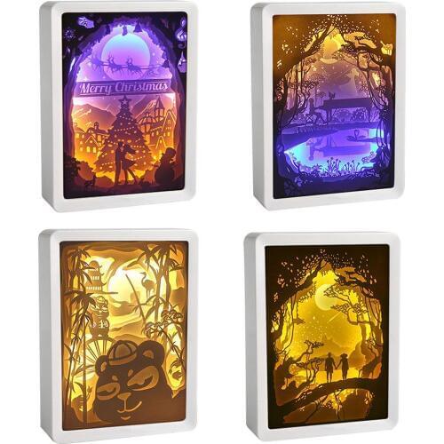 New 3D Creative Christmas Festival Event Paper Carving Crafts Ornaments Papercut Light Boxes Cut LED Desk Color Shadow Box Frame