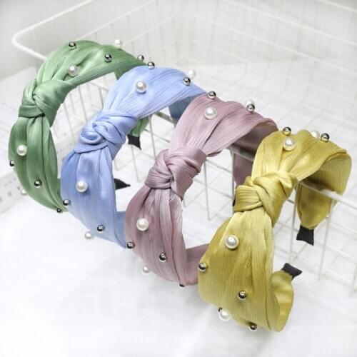 Europe And United States Nail Pearl Hair Ring Solid Color Fabric Wide-Brimmed Cross Knotted Headband