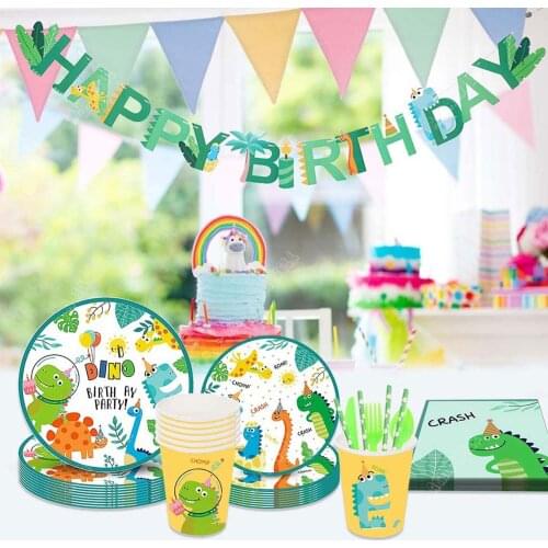 Cartoon Dinosaur Disposable Tableware Tablecloth Banner Plate Cup Straw Baby Shower Happy Birthday Jungle Party Supplies For Boy