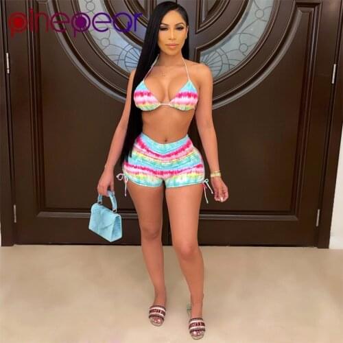 PinePear Workout Colourful Print Summer Two Piece Sets Women Sexy Halter Bra Crop Top Shorts Outfit Beach Matching Set Tracksuit