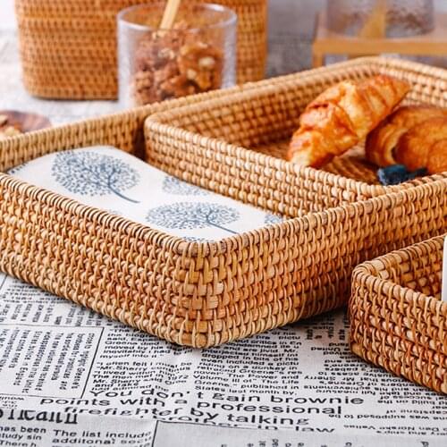 Rattan Weaving Storage Basket Manual Rattan Hand-Woven Snacks Tray Wicker Bread Fruit Food Breakfast Display Handicrafts Home