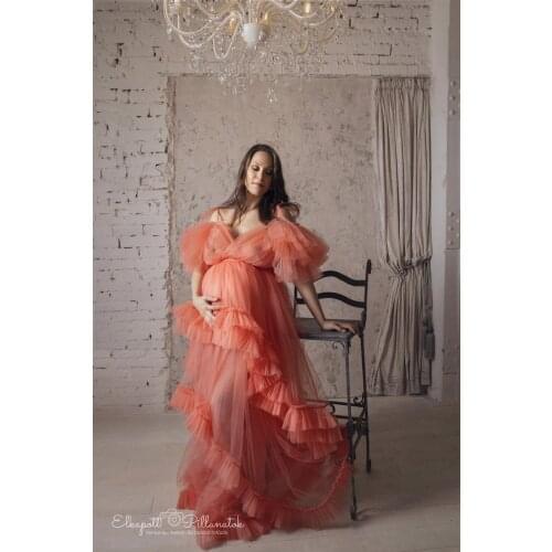 Sexy Elegant Women Maternity Lotus Leaf Sleeve Tulle Bathrobe For Photo Shoot Dress Party Wedding Nightgowns