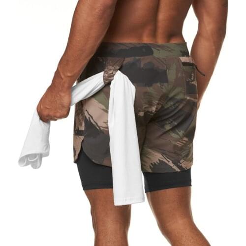 Double Layer Jogger Casual Shorts Men 2 in 1 Camo Short Pants Fitness Built-in pocket Bermuda Quick Dry Beach Shorts Male Shorts