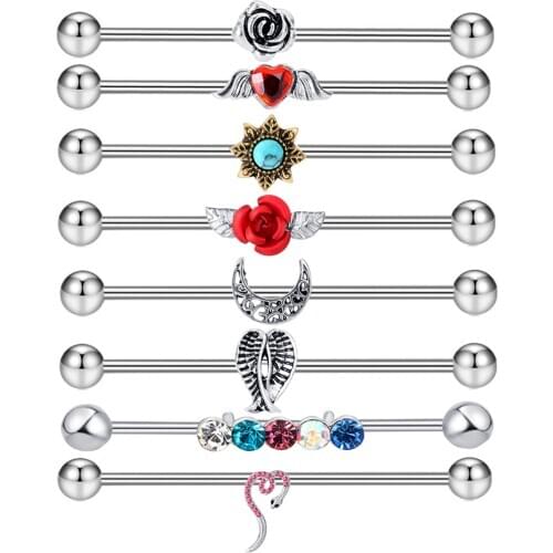 316L Surgical Steel Industrial Barbell Earrings Heart Arrow for Women Men Helix Conch Cartilage Piercing Jewelry 38mm 14g Bar