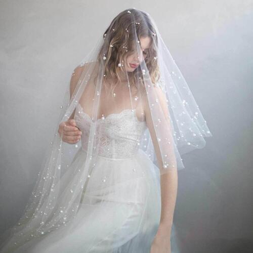 Women Wedding Bridal Tulle Veil with Comb Pearl Bead Elegant Luxury Lady Fingertip Veil One-layer Cut Edge Illusion Pleat White