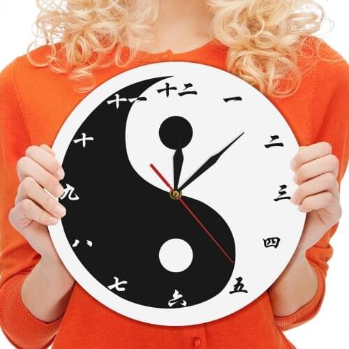 Tai Ji Eight Diagram With Chinese Numbers Feng Shui Modern Wall Clock Zen Wall Art Black White Tai Chi Symbol Peace Wall Watch