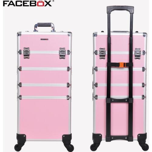 Facebox 4 in 1 Trolley Trolley Makeup Box Beauty Case with wheels Professional makeup box Black and pink with Universal Wheels
