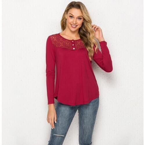 Women Shirt Fashion Lace-paneled long-sleeved Shirts Solid Color Tees Ladies Casual Elegant Camisetas Verano Mujer 2021 Femme