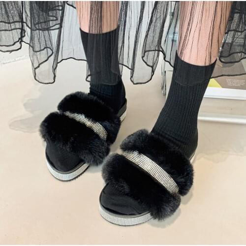 Leisure Rhinestone Decor Women Fur Slippers Sexy Open Toe Ladies Platform Shoes Solid Outside Wedges Heel Fluffy Shoes Female