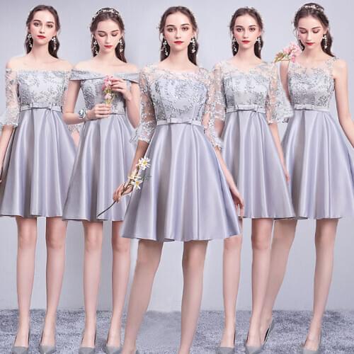Women Gauze Bandage Backless Flower High Waist A-line Knee-length Champagne Pink Gray Simple Party Bridesmaid Dresses