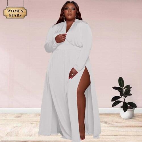 Plus Size 5xl Maxi Dress Women Wholesale Sexy Solid V Neck Slip Side Hem Party Fall Maxi Dresses Birthday Outfits Dropshipping