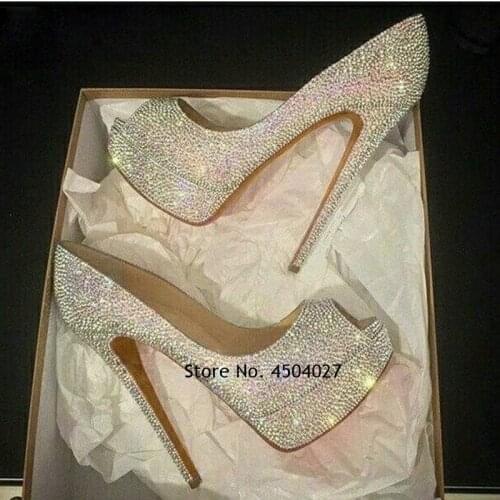 Bling Bling Crystal Wedding Shoes Open Toe Platform Rhinestone Banquet Pumps Slip-on Evening Party Shoes