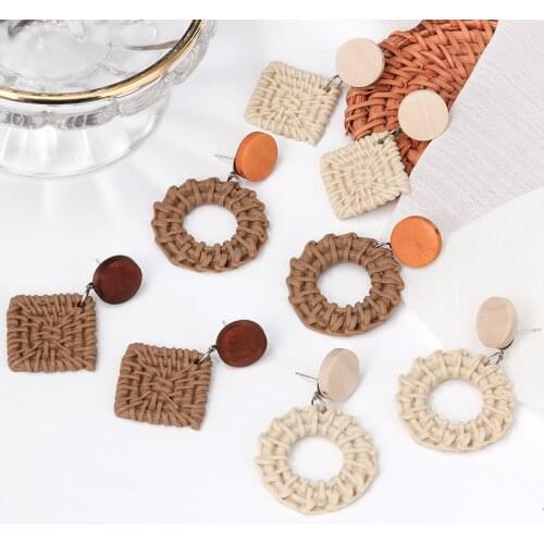 Bohemian Korean Simple Handmade Wood Earrings for Women Weave Rattan Vine Braid Geometric Drop Earrings 2020 New Fashion Jewelry