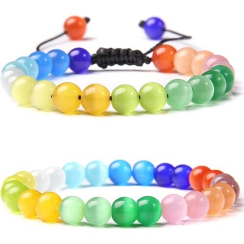 Handmade Opal Bracelet Natural Stone Cat Eye Beads Chakra Bracelet Fashion Elastic Strand Bracelet for Women Men Couple Jewelry