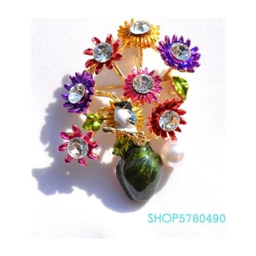 Decorative Rhinestone Flower Bottle Cute Brooch Gold Color Women Painted Pin Lady Bridal Corsage Coat Ornaments Fashion Jewelry