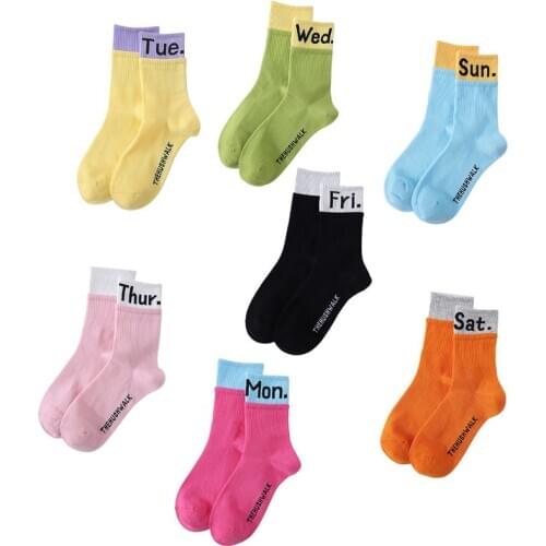 Double Ribbed Crew Socks Neon Candy Color Patchwork Week Letters Print Hosiery 667E