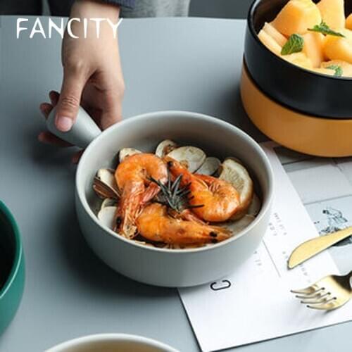 FANCITY Creative large capacity ceramic handle bowl baked rice bowl Nordic style salad bowl home soup bowl noodle bowl breakfast