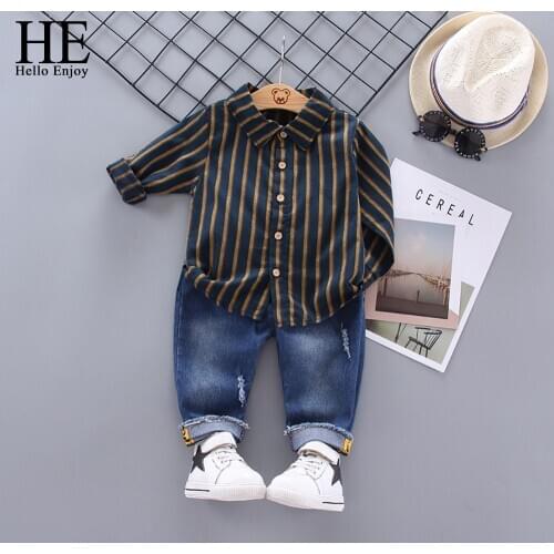 HE Hello Enjoy 2020 New Boys Clothes Sets Autumn Clothes Long Sleeve Striped Shirt Jeans 2PC Casual Kids Suit Children Clothing