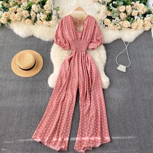 Ins Jumpsuit Women Summer Short Puff Sleeve V -Neck Party Lace Up Dot Slim High Waisted Wide Leg Pants Office Lady Elegant