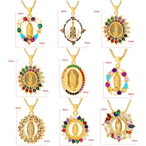 Dainty Rainbow Cubic Zircon Virgin Mary Gold Necklace For Women Church Christian Prayer Jesus Religion Pendant Necklace Jewelry