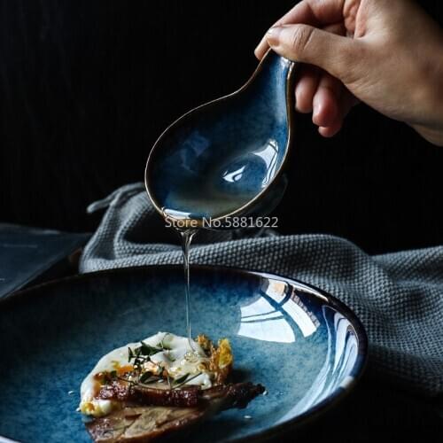 Ceramic Porcelain Deep Blue Dinner Soup Spoon Round Sauce Dish Spoon Chopstick Rest Tableware